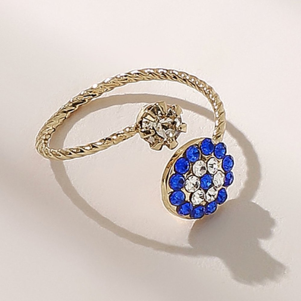 Gold Rhinestone Eye Cuff Ring Blue Dainty Gift Boho Trendy Jewelry Adjustable - Picture 2 of 3